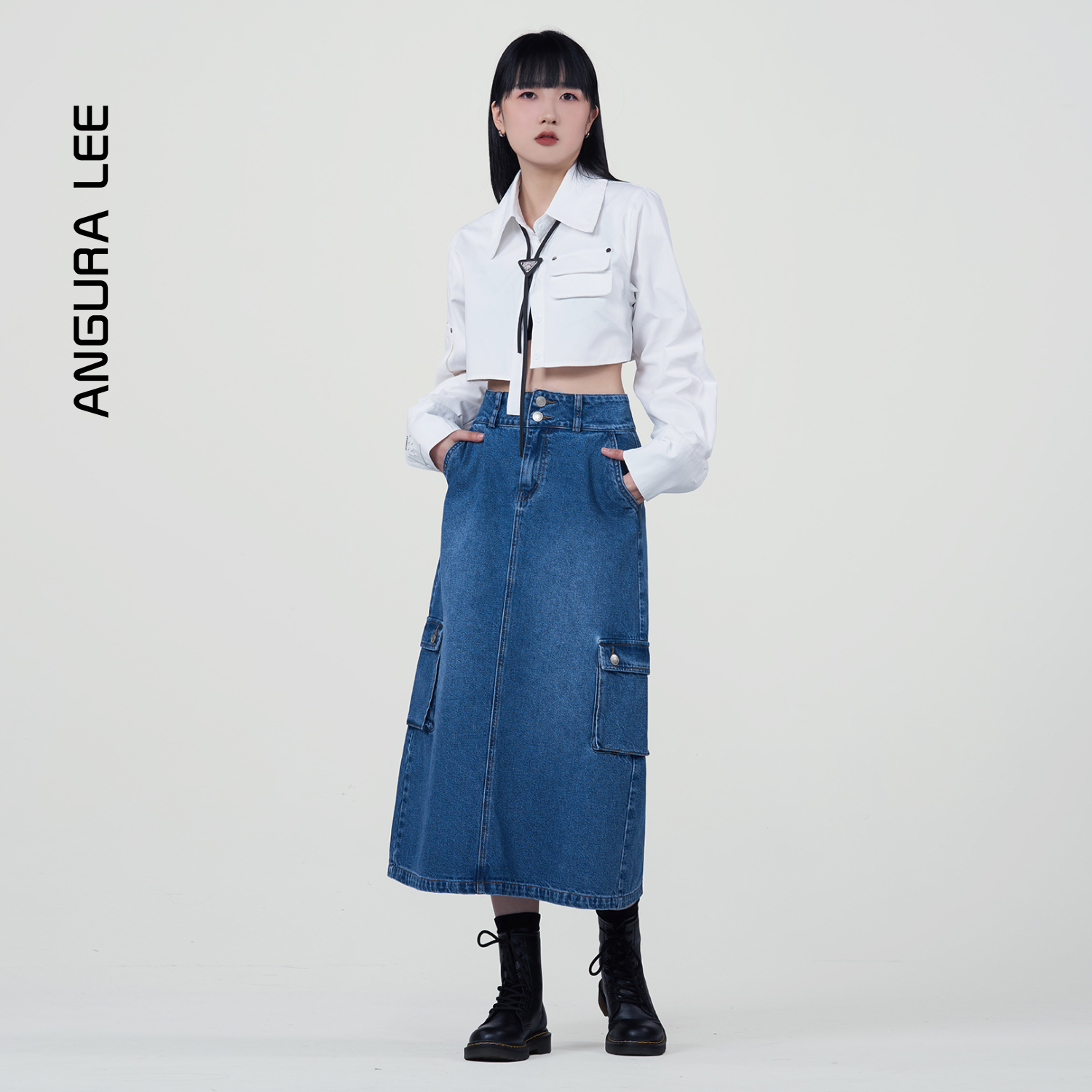 春夏經典水洗中藍女裝牛仔高腰半裙